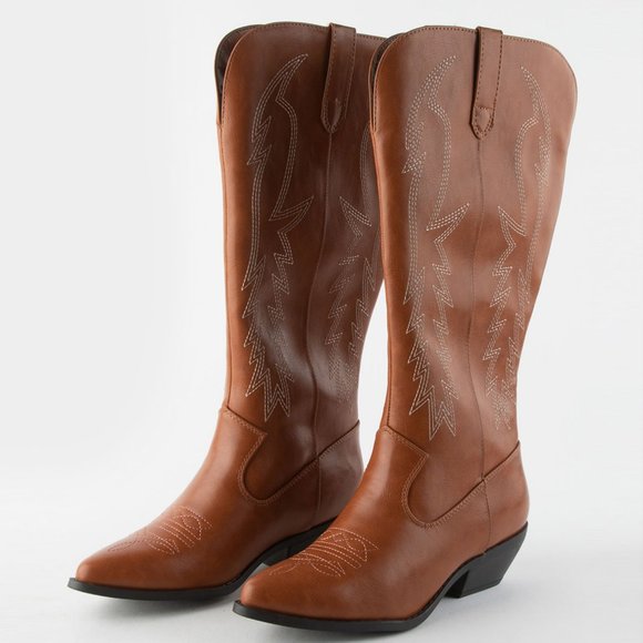 NEW๐ฅ Cognac Embroidered Cowboy Western Boots Knee High Low Block Heel Pull-On - Picture 5 of 7